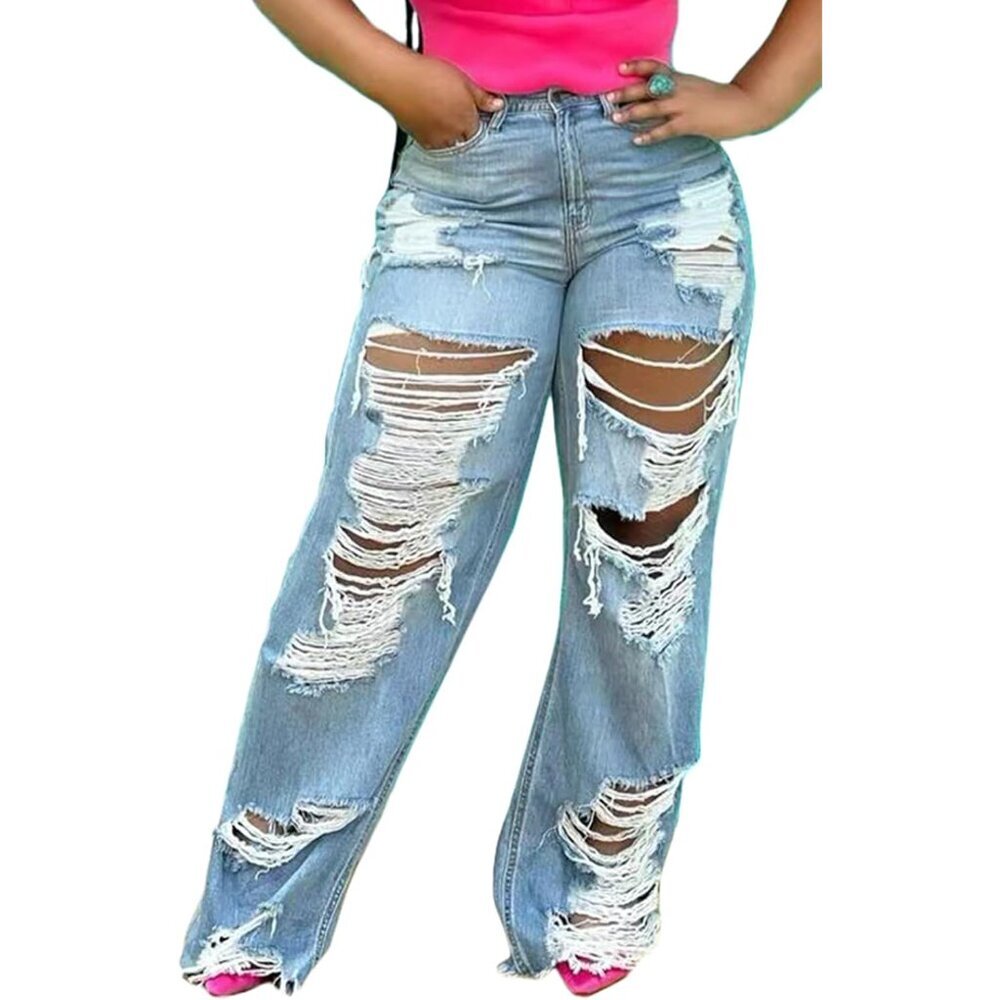 Women's Ripped Denim Jeans High Waist Wide Leg Casual Streetwear
